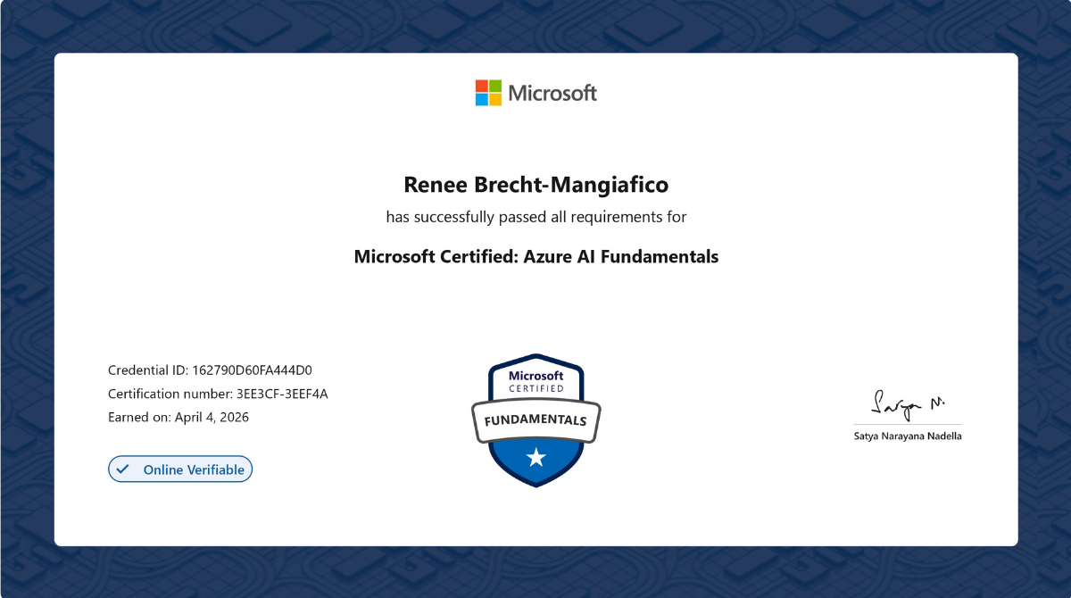 Microsoft Certified: Azure AI Fundamentals certificate awarded to Renee Brecht-Mangiafico, April 4, 2026